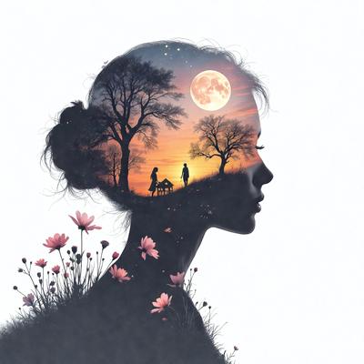 The primary subject of the image is a woman's head, which is depicted in a silhouette style. The setting is a field with trees in the background, and the visual style is a combination of digital art and illustration. The colors are predominantly shades of pink and white, creating a serene and peaceful atmosphere.